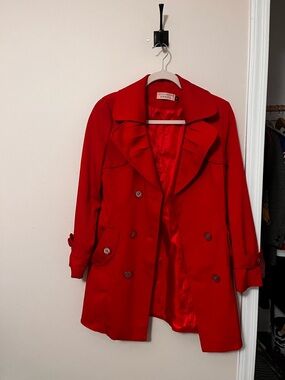 Classic Red Trench Coat with Ruffle Collar